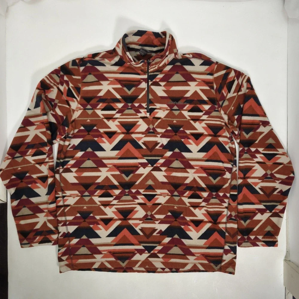 Eddie Bauer Mens Quest 1/4 Zip Fleece Aztec Geometric Southwestern XLT Orange